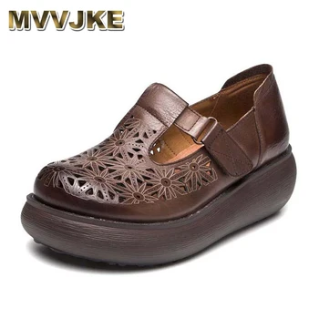 MVVJKE/летни Сандали в етнически стил, Реколта обувки с каишка отзад, Ръчно изработени от Естествена Кожа В Дебела подметка, удобни Сандали на Танкетке, Дамски обувки