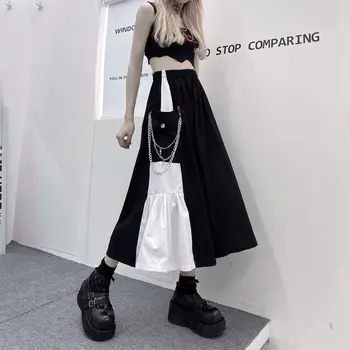Пола за работно облекло на жените Xia Harajuku, по-тъмен дизайн, контрастная цветна ред, нерегулярная пола със средна дължина, с висока талия, трапециевидная пола y2k