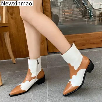 2022 Нови Дамски Ботильоны Четырехсезонные Популярните Модни Шиене на Обувки от естествена кожа в западен стил, с остри пръсти на дебелите обувки Дамски обувки