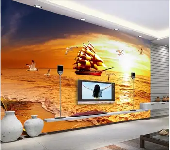 WDBH custom снимка 3d тапети за стая Златен залез ветроходство чайка морски пейзаж начало декор на 3d стенописи тапети за стени d 3