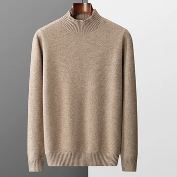 2022 Есен Зима 100% Чиста Вълна Вязаный Мъжки Пуловер Пуловер Отдолу От Плътен Цвят Удебелена Мъжки Дрехи Без Топла Жилетка