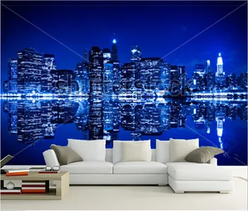 Потребителски 3D стенописи, Ню Йорк през нощта, с отражение във водата със син оттенък, хол разтегателен ТЕЛЕВИЗИЯ стени детска спалня тапети
