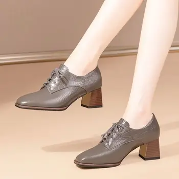 Размери 33-41, Дамски обувки на ток от естествена Кожа с квадратни пръсти, За момичета, удобен за Модни дамски обувки на висок ток, удобна за разходка