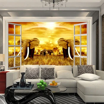 Голям 3D тапети стенопис слон пасища животни, хол с диван-спалня, телевизор фон Размер