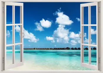 Красива плажна vinyl стенопис 3D window art, цветни тропически плажната свалящ стикер на стената, крайбрежните скали, пясък стенно изкуство, момче момиче нур